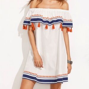 Off-Shoulder White Dress with Orange and Blue Accents